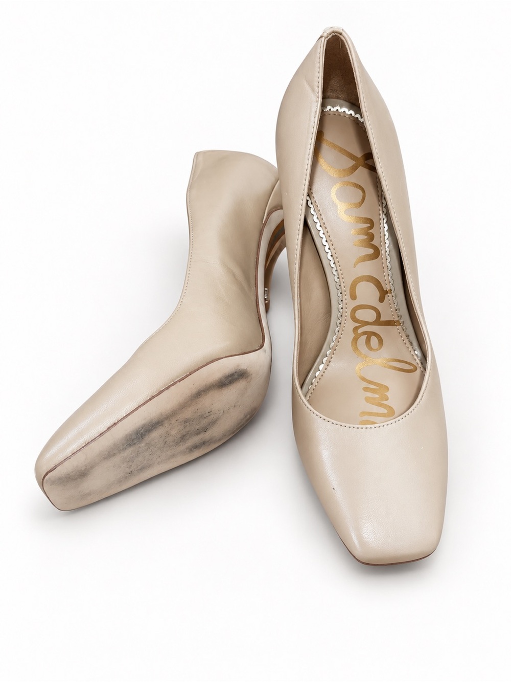 Sam Edelman Beige Leather Square-Toe Pumps